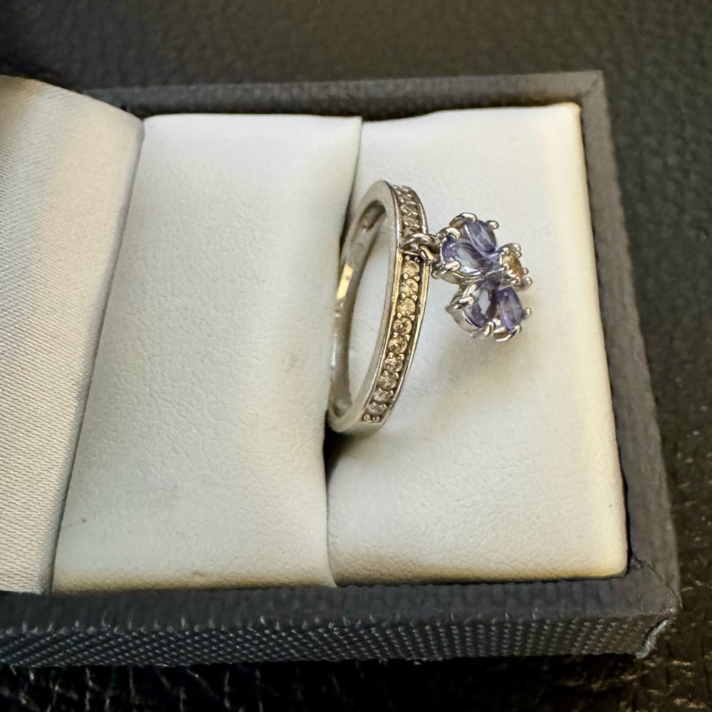 Pear Shaped Tanzanite and Round White Zircon Rhodium over Silver Charm Ring.Sz7. - Picture 3 of 3